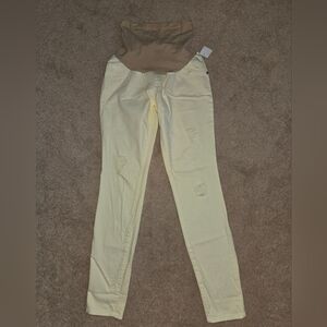 Indigo Blue Pale Yellow Skinny Maternity Jeans with Brown Waistband